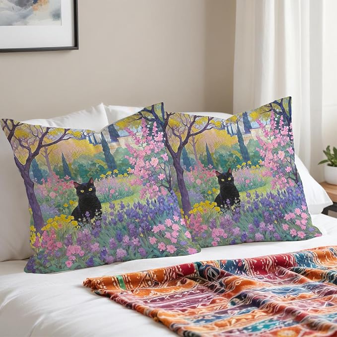 Spring Garden Black Cat Pillow Covers 18x18, Cats Lovers Lady Gifts, Cat Mom Grandma Gifts, Vintage Floral Cats Decorative Pillow Covers for Home Bedroom Living Room Office Decor