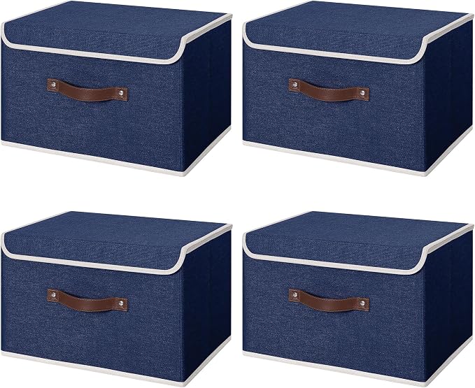 ANMINY Fabric Storage Box Bins with Lids, Blue, 13"x9"x7.9", 4 Pack | Keepsake Memory Storage, Cotton Linen, PP Board Reinforced, Washable, PU Handles, Foldable & Stackable, Decorative, Medium
