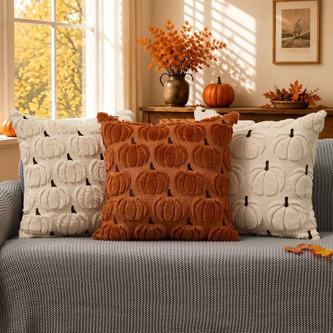 DFXSZ Fall Pillow Covers 20x20 2Pcs Rust Brown Pumpkin Fall Decorations | Fall decor Set of 2 Throw Pillow Cases Soft Plush Faux Fur Wool Couch Cushion for Chair Sofa Bedroom Living Room Home Decor