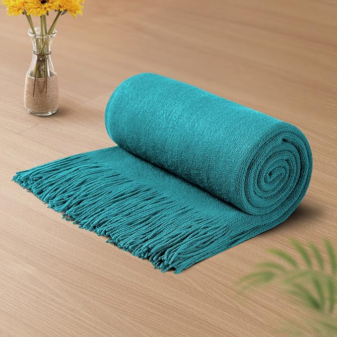 Vonty Teal Knitted Throw Blanket with Tassels Fringe, 50x60 Acrylic | Super Soft And Lightweight, Year-Round Cozy Warmth, Farmhouse Decorative Style, Machine Washable, for Couch, Sofa or Bed