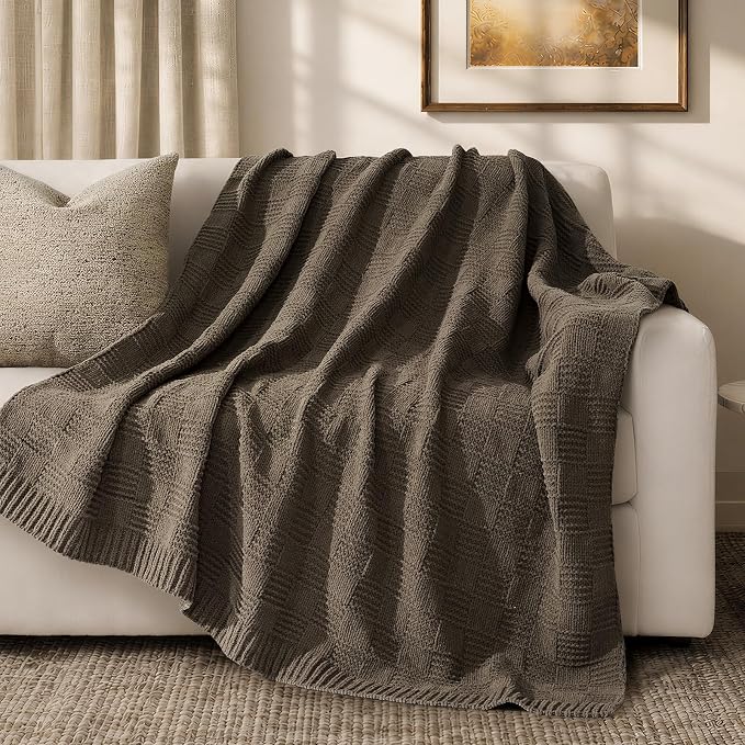 EVERGRACEHOME Modern Checkered Chenille Throw Blanket, 50x60, Mocha Brown | Lightweight Warmth, All-Season Breathability, OEKO-TEX certified, Timeless Grid Pattern, Farmhouse Throw for Couch, Bed, Sofa