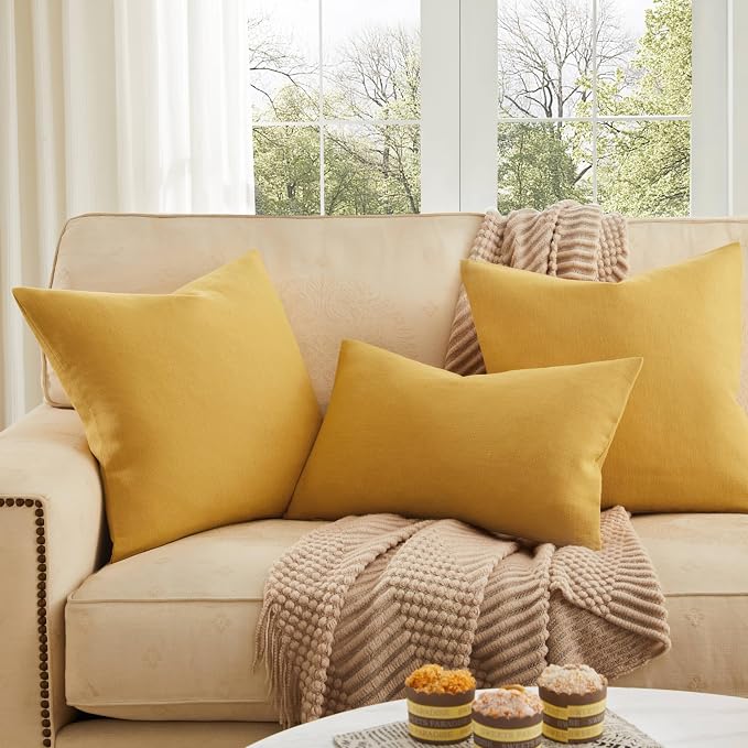 Rustic Linen Throw Pillow Covers Set of 2, Yellow 24x24in | Textured Pillow Case, Rustic Cotton Linen Fabric, Modern Farmhouse Cushion Covers for Sofa Bed Living Room Home Decor