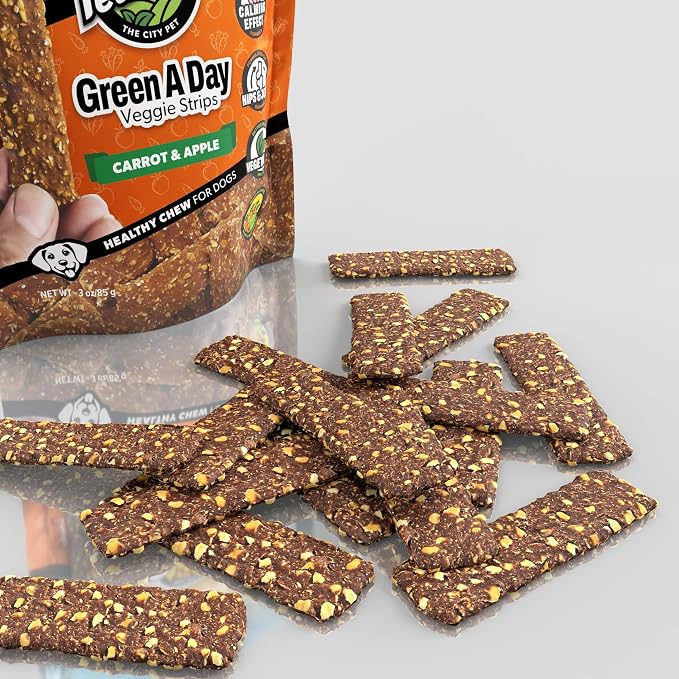Green A Day Veggie Strips for Dogs | Carrot & Apple Vegetarian Dog Chews | Daily Wellness Treats with Fruits & Vegetables | 4 Pack, 3 oz Bags