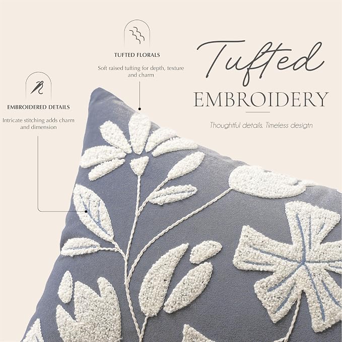 Decorative Throw Pillow Cover 20x20, Coastal Dusty Blue Velvet Accent Cushion Cover for Couch Sofa Living Room, Floral Tufted Square Pillowcase (Cover Only)