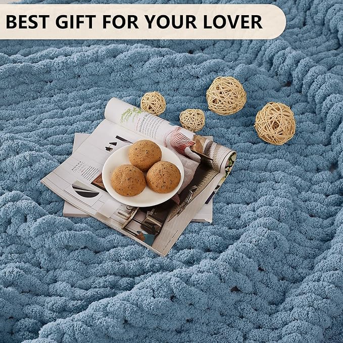 L'AGRATY Chunky Knit Throw Blanket for Couch, 50 x 60 Inches, Airy Blue | Handmade Chenille Crochet Blanket for Sofa Bed, Thick Cable Knitted Blankets for Room Home Decor, Birthday Gift for Women Mom