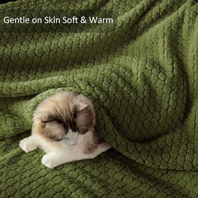 Exclusivo Mezcla Soft Fleece Throw Blanket for Couch, Olive Green | Jacquard Lightweight Cozy Throws for Bed, Sofa, Breathable Decorative Fuzzy Textured All Season Use, 50x60 Inches
