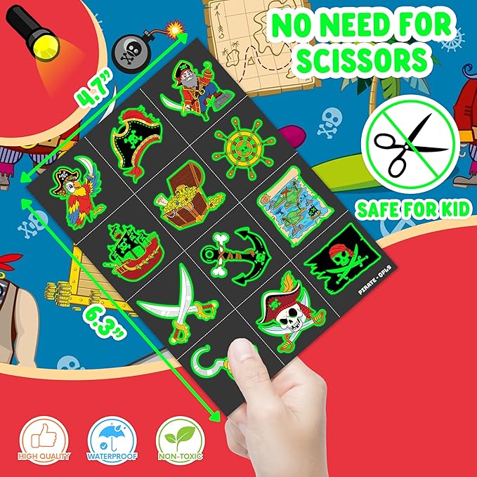 96 PCS Pirate Ship Nautical Pre-Cut Luminous Glow in the dark Temporary Tattoos for Kids | Super Cute Theme Birthday Party Favors Supplies Decorations, Treasure Fake Tattoos Gifts for Boys Girls