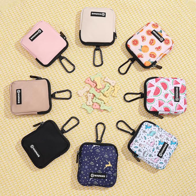 Dog Treat Pouch with Training Clicker,Waterproof Nylon Fabric Poop Bag Holders for Leashes,Hands Free Small Dog Walking Bag with Carabiner, Pet Puppy Training Walking Essentials (Dinosaur)