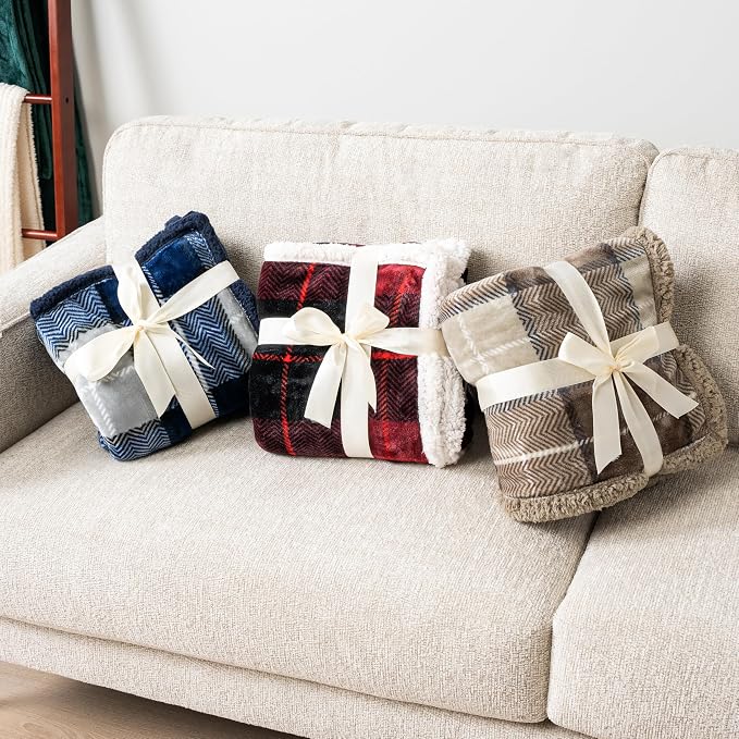 PAVILIA Twin Plaid Sherpa Throw Blanket for Couch Sofa Bed, Black Red 60x80 | GSM 460; Soft Plush Flannel Fleece; Warm&Cozy for Home; Machine Washable, Perfect Cabin Decor Winter Holiday Christmas Gift