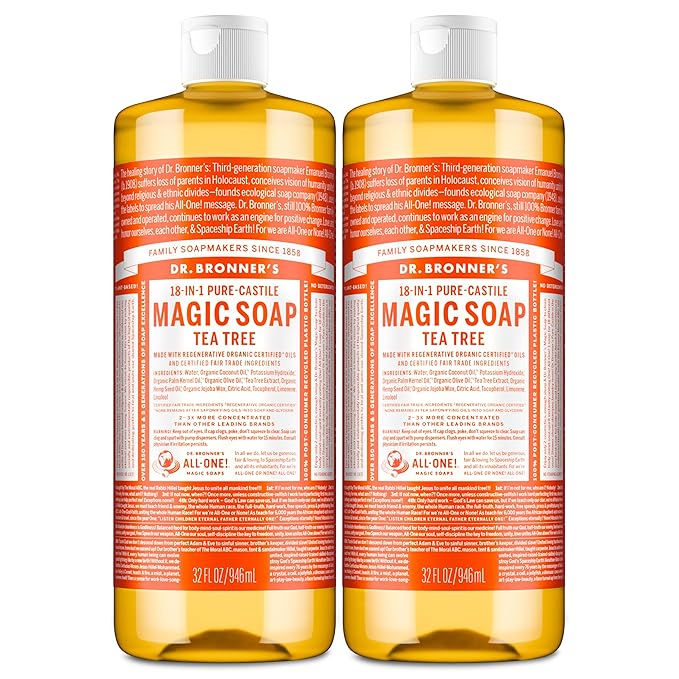 Dr. Bronner's Pure-Castile Magic Soap Liquid (Tea Tree, 32 ounce, 2-Pack) - Made with Regenerative Organic Certified Oils, 18-in-1 Uses: Body, Hair, Laundry & Dishes, Concentrated, Vegan, Non-GMO