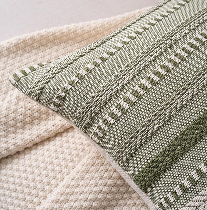 Cethom Boho Lumbar Pillow Covers 14x36 Long, Farmhouse Decorative Couch Pillow Cases, Green Accent Pillows of Bed, Sofa Bedroom Living Room Home Decor Cushion Cover, Pack of 1