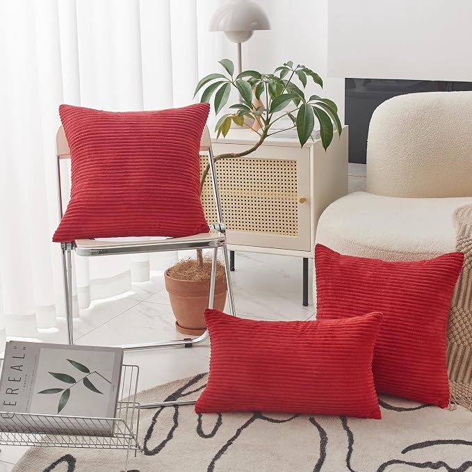 Home Brilliant Pillow Cover 18x18 Red Throw Pillow Covers Striped Velvet Corduroy Throw Pillows for Couch Sofa Bedroom, 18 x 18 inch, Red