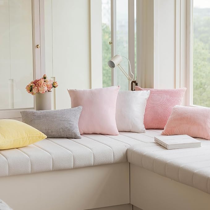 Home Brilliant Pink Throw Pillow for Bedroom Stripe Plush Velvet Corduroy Throw Euro Pillow Sham Decorative Pillow Cover for Sofa Wedding for Room, 26 x 26 inch (66cm), Baby Pink