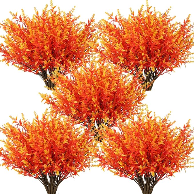 RECUTMS Fake Fall Flowers for Decoration Artificial Flower Lavender Outdoor | 36Pcs,Gold UV Resistant Fake Fall Shrubs Greenery Plants Indoor Plastic Faux Bouquet for Outdoor Home Garden Porch Decoration