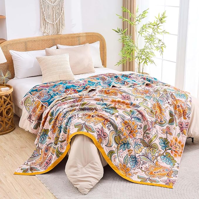 XIBLC Boho Throw Blanket for Bed, 100% Cotton Soft Rustic Quilt Fall Blanket, 90"x98" Floral Printed Farmhouse Decor Bed Blankets, All Season Rustic Reversible Bohemian Throw Quilt