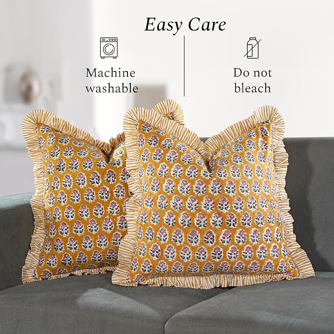 CPC Yellow Citrine Ruffle Throw Pillow Covers for Couch, 20x20 Inch Cotton Stripe Ruffle Couch Pillows for Living Room, Hidden 16 Inch Zipper Boho Pillow Case or Cute Outdoor Ruffle Pillows