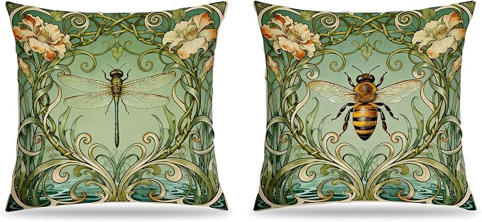 Art Nouveau Floral Dragonfly Bee Pillow Covers 18x18 Set of 2, Nature Room Home Decor, Cottagecore Green Vintage Floral Nature Insects Decorative Pillow Covers for Home Living Room Bedroom