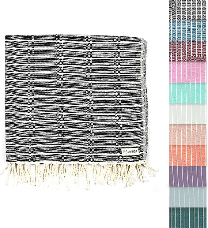 Sand Cloud Turkish Beach Towel - Sand Resistant - 100% Certified Organic Turkish Towel - Quick Dry Towel for Beach, Picnic, Blanket or Bath Towel - As Seen on Shark Tank - Gocek (Black)