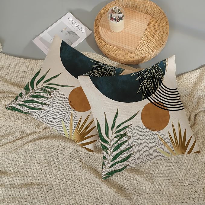 Boho Pillow Covers 18x18 Set of 2 Green Gold Navy Blue Throw Pillows Tropical Leaves Sunset Decor Modern Mid Century Pillowcase Outdoor Decorations Bohemian Linen Cushion Case for Couch Sofa