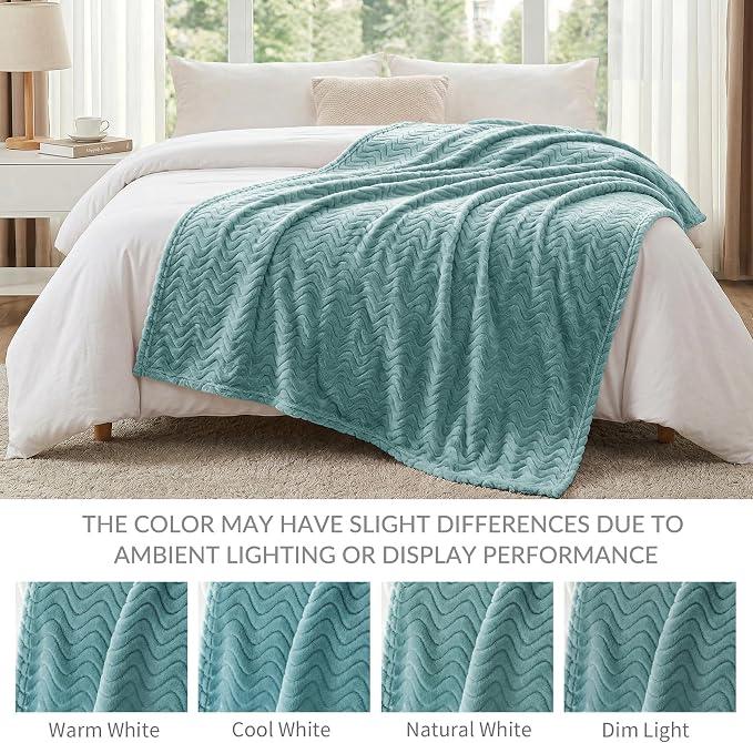 Exclusivo Mezcla Soft Fleece Blanket King Size for Bed, Sofa, Celadon | 90"x104" Breathable Lightweight Flannel Blanket for Summer, Plush Cozy Jacquard Wave for Home Decor