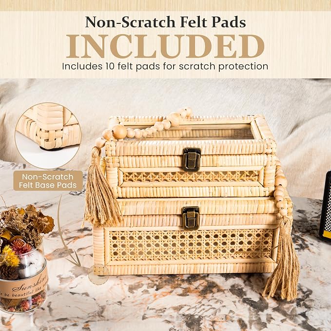 Rattan Decorative Box with Lid & Secure Lock | Decorative Box with Lids for Home Decor | Rattan Display Box | Boho Storage Box | Wicker Basket Organizer | Includes 10x Non-Scratch Felt Pads
