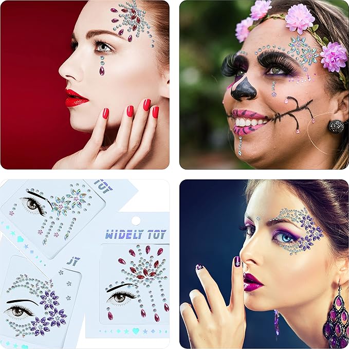 Face Jewels 6 Sheets Face Gems Stick On, 10g Chunky Glitter, Face Jewelry Rhinestones Crystals Stickers, Fairy Euphoria Eye Body Makeup Rave Clothes Festival Outfit Accessories