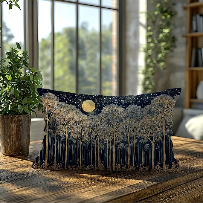 Rustic Dark William Morris Night Forest Moon Decor Pillow Covers 20x12,Vintage Gold Botanical Nature Landscape Decorative Throw Pillow Covers for Home Bedroom Living Room