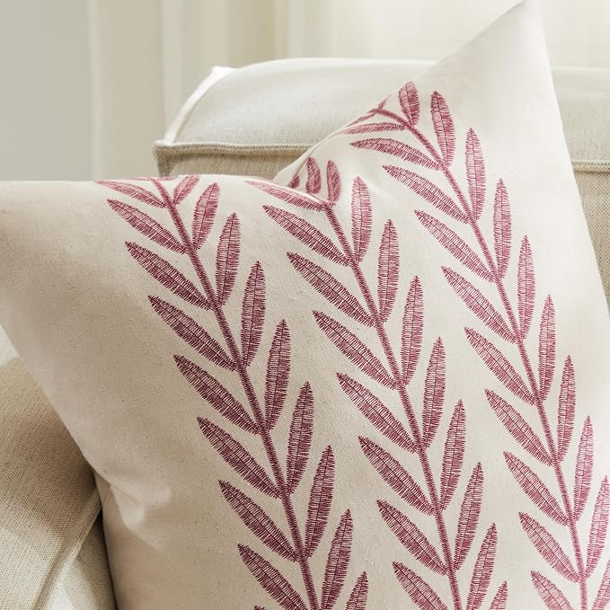 Farmhouse Leaves Throw Pillow Covers Set of 2, 18x18in Burgundy | 100% Organic Cotton, Rustic Accent Print Pillow Case, Pastoral Decorative Cushion Covers for Sofa Bed Living Room Home Decor