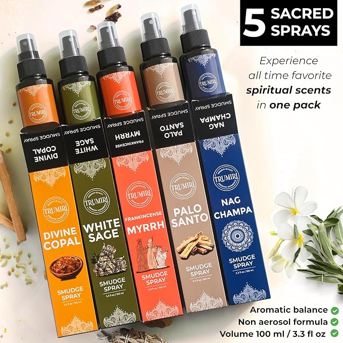 Set of 5 Smudge Sprays White Sage|Palo Santo|Frankincense Myrrh|Nag Champa|Copal for Negative Energy Cleansing of Home - Natural Room Sprays and Body Mists Made with Non Toxic Essential Oils