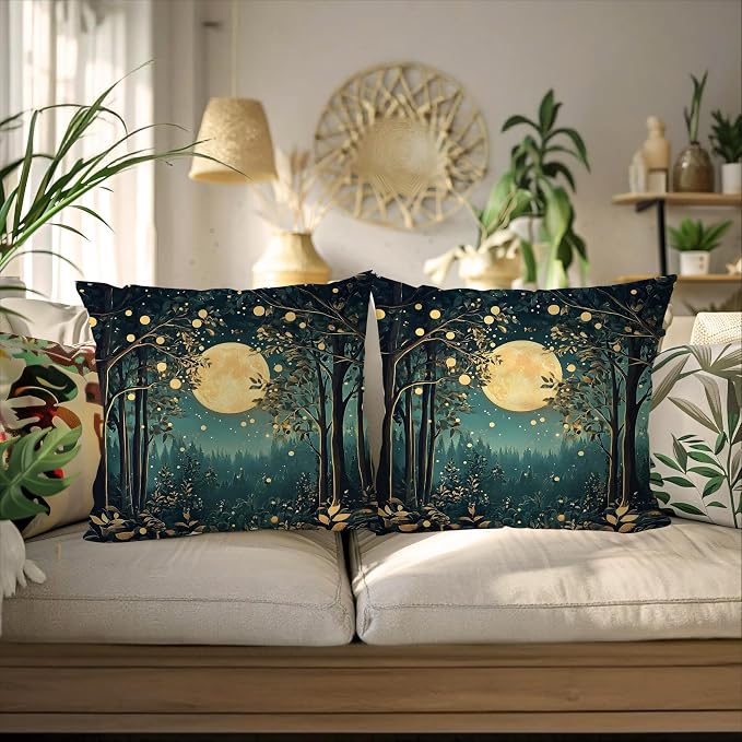 Rustic William Morris Inspired Night Moon Forest Decor Pillow Covers 18x18 Set of 2,Vintage Black and Gold Nature Landscape Botanical Decorative Throw Pillow Covers for Home Bedroom Living Room