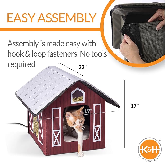 K&H Heated Cat House, Outdoor Kitty Shelter, Safety Listed, 20W, Barn | Heated Cat House for Outside, Weatherproof Shelter for Ferals, Insulated with Smart Thermostat, 2 Doors, Waterproof Bed