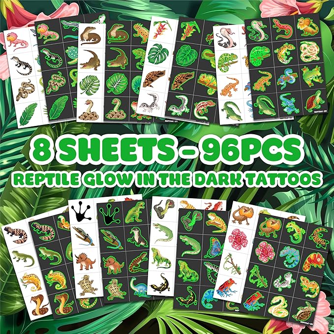 96PCS Reptile Animal Safari Jungle Lizard Pre-Cut Luminous Glow in the dark Temporary Tattoos for Kids | Super Cute Theme Birthday Party Favors Supplies Decorations, Fake Tattoos Gifts for Boys Girls