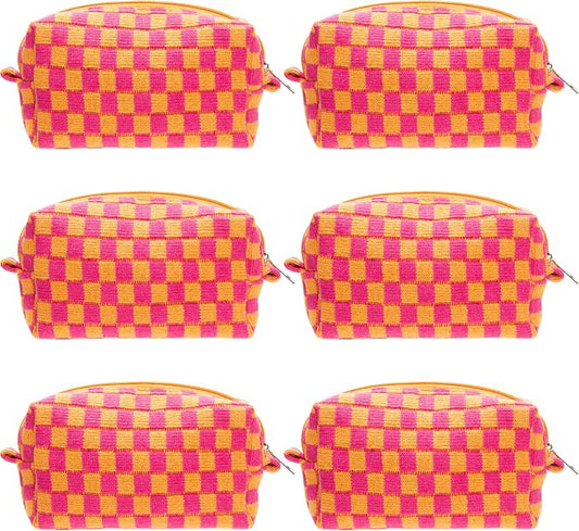 PAZIMIIK 6PCS Checkered Makeup Bag for Purse Portable Zipper Make Up Pouch Small Cosmetic Case for Travel Red Orange
