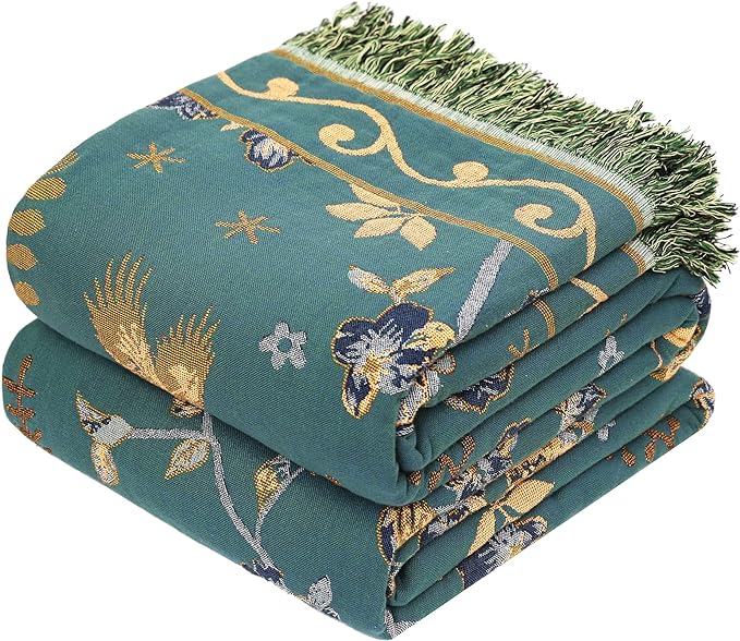 VANJOROY Boho 100% Cotton Large Throw Blanket - All Season Rustic Ultra Soft Breathable Floral Bird King Blanket for Bed Sofa Couch Chair Bedspread Quilt Gift, 91" x 98"-Teal/Beige