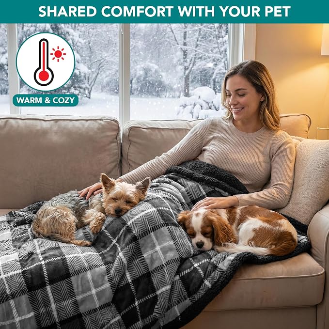PetAmi Waterproof Dog Blanket for Small Dog Puppy Cat, 29x40, Plaid Grey | 460 GSM Sherpa Fleece Reversible, Pee Proof Pet Blanket, Furniture Protector Cover for Couch Sofa Kennel Crate, Washable