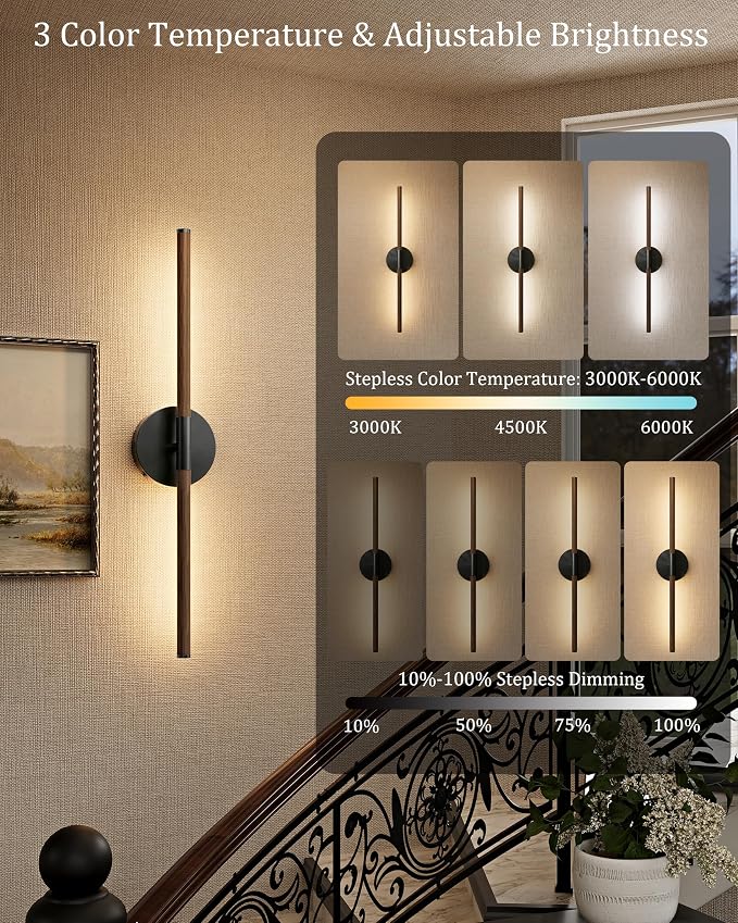 40" Battery Operated Wall Sconce Set of 2, 350° Rotating Lamp, Walnut Black | Wireless, 8000mAh Rechargeable Battery, Stepless Dimming, 3000K-6000K, Remote & Touch Control, Timer, Living Room, Bedroom