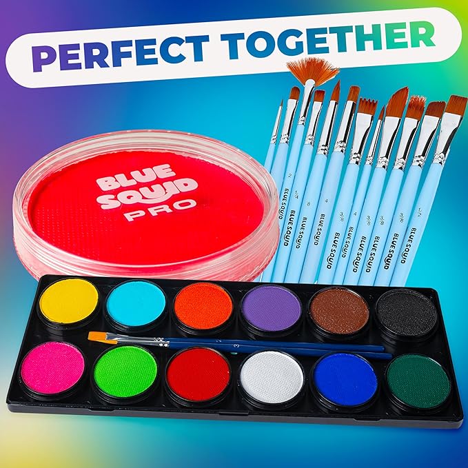 Blue Squid Face Paint Water Based Single Cake Professional Face Paint & Body Paint - Water Activated, Kids Adults Face Painting for Costume, Halloween Makeup, Cosplay - Neon Orange Red Face Paint 30g