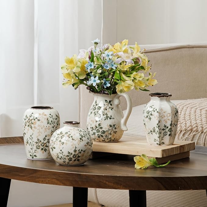 Ceramic Flower Small Vase for Home Decor, Vintage Green Mini Vase Set of 4 | Rustic Farmhouse Floral Vase for Kitchen, Living Room, Mantel, Coffee Table, Bookshelf, Entryway, Wedding Centerpiece