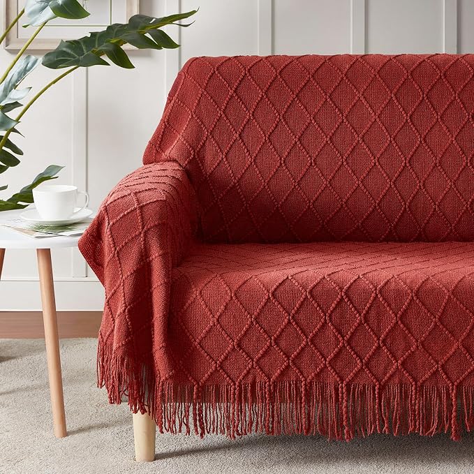 BOURINA Burgundy Throw Blanket 50 x90 Inches Throw Textured Solid Soft Sofa Throw Bed Runner Couch Cover Knitted Decorative Blanket Bed Runner