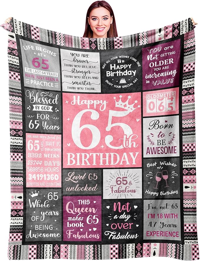Ivivis 65th Birthday Gifts for Women Throw Blanket 60”x50”, Happy 65th Birthday Decorations for Women, 1961 Bday Gift for 65 Year Old Woman Mom Grandma Friend