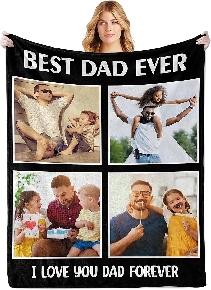Custom Dad Blanket with Photos, Personalized Blanket with Picture | Customized Fathers Day Birthday Gifts from Daughter Wife, Christmas Birthday Gifts for Him Her Women Men