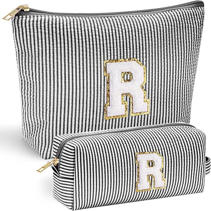 YOOLIFE Initial Makeup Bag for Women, Travel Cosmetic Bag with Small Makeup Brush Bag Cute Makeup Bag Toiletry Travel Bag Personalized Wife Friend Gifts Christmas Birthday Gifts for Women Her Black R