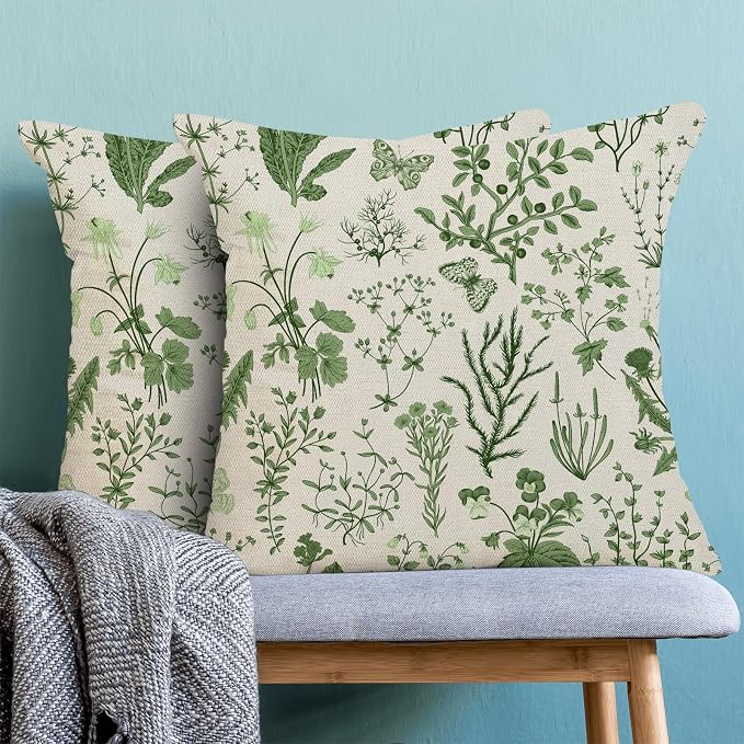 AEIOAE Summer Pillow Covers 20x20 Inch Set of 2,Olive Green Wild Flower Plant Throw Pillows Case,Seasonal Floral Outdoor Decorative Square Linen Farmhouse Decor Cushion Covers for Home Sofa Bed Couch