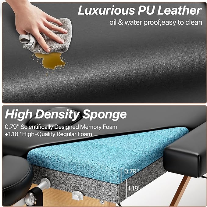 KCC Memory Foam Massage Table Premium Portable Foldable Massage Bed Height Adjustable, 84 Inches Long 28 Inchs Wide Home Salon Spa Bed Tattoo Table with Accessories &Carrying Case, Easy Set Up