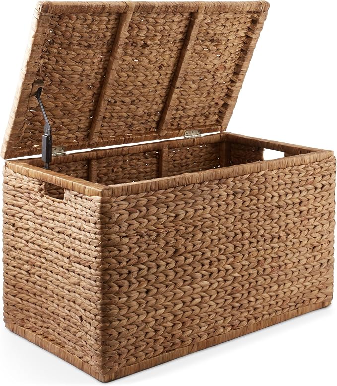 Casafield 30" Storage Chest with Lid, Handles, and Safety Hinge - Cinnamon Brown, Hyacinth Wicker Storage Trunk for Entry Way, Living Room, Bedroom