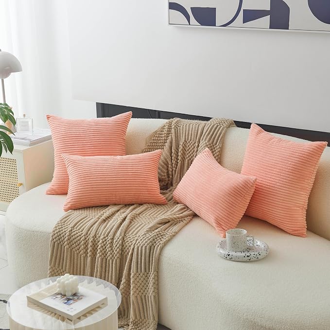 Home Brilliant Coral Pillows Decorative Throw Pillows for Sofa Bed Euro Sham Square Striped Velvet Super Soft Throw Pillow Cover for Couch Decorations(Coral, 24x24 inches, 60cm)