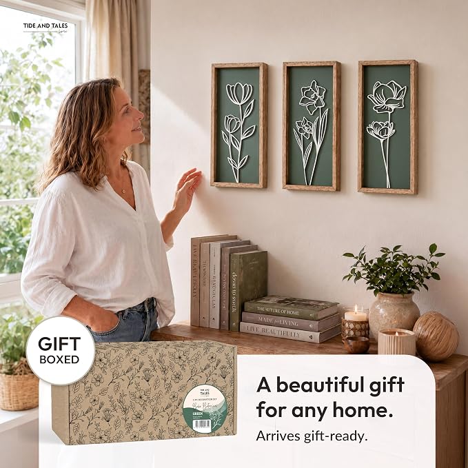 Tide and Tales 3d Green Wall Art, Wooden Botanical Wall Decor, Set of 3 | 7" x 16", Lightweight, Framed Ready-to-Hang, Bathroom Wall Decor, Bedroom, Living Room, Office, Farmhouse, Gift-Boxed