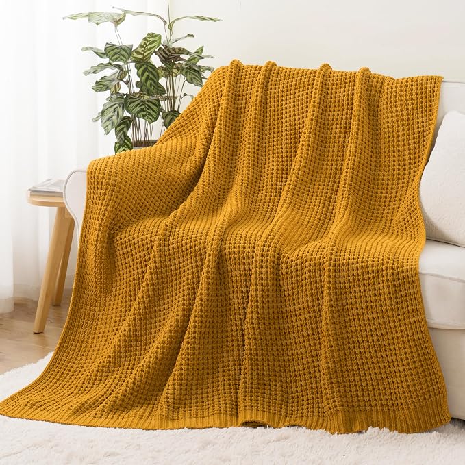 Waffle Knit Throw Blanket, Mustard Yellow Throw Blanket for Couch 50"x60" | Chunky Chenille Throw Blanket, Soft Fall Mustard Throw Blanket for Home Decor, Modern Farmhouse Knitted Style