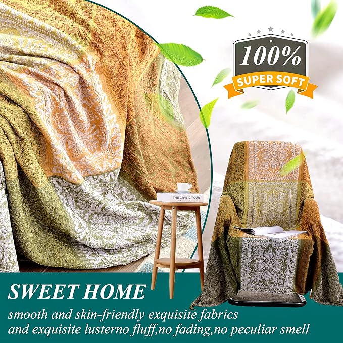 Boho Throw Blanket, Bohemian Tassels Throw Blankets for Bed Couch Soft Chair， Chenille Fringe Tassels (New Green, Large 86 * 102Inches)