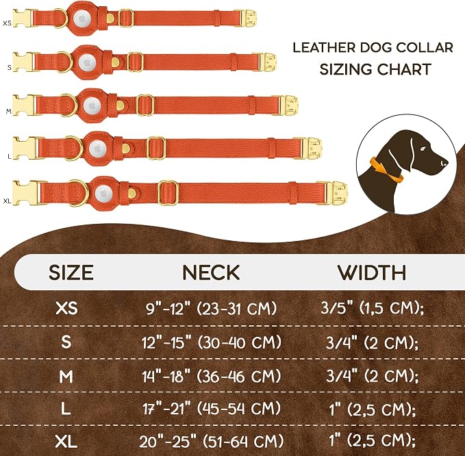 Leather Airtag Dog Collar - Soft Tracking Dog Collar with Apple AirTag Holder and Metal Buckle - Safety GPS Pet Collars for Small Medium Large Dogs Puppy Pink Red (Orange, XS, 9"-12" Neck Fit)